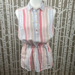 Ellen Tracy 100% LINEN striped sleeveless half button down drawstring waist top